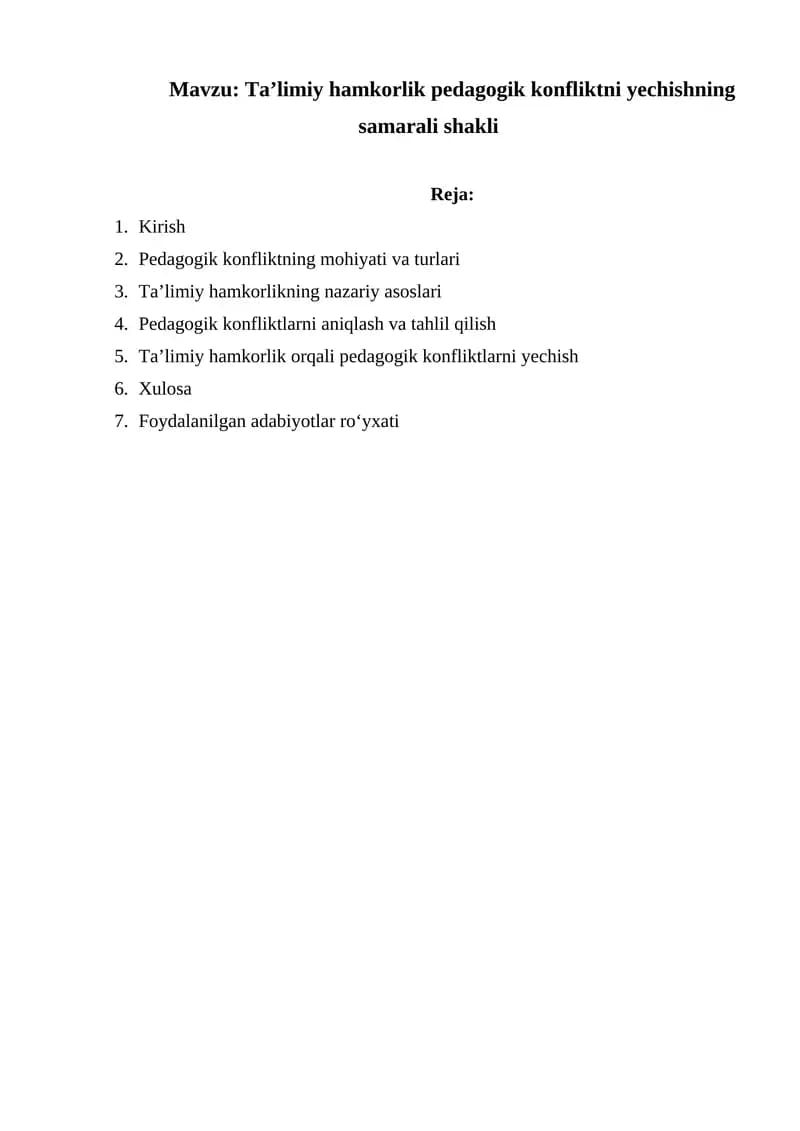 Ta’limiy hamkorlik pedagogik konfliktni yechishning samarali shakli