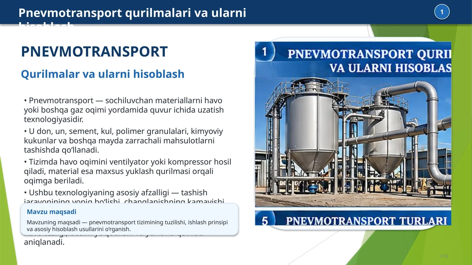 Pnevmotransport qurilmalari va ularni hisoblash