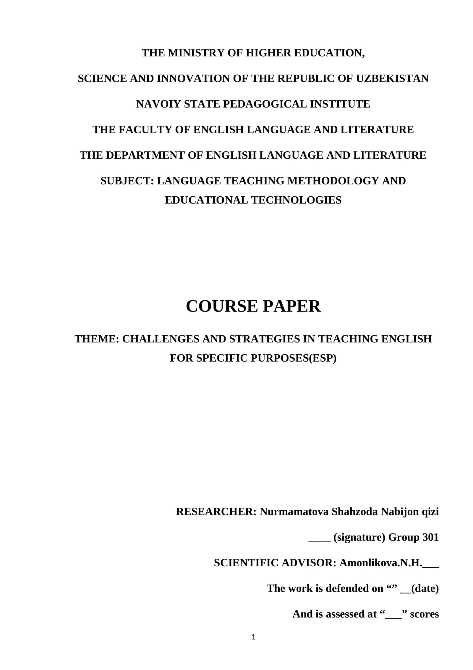 CHALLENGES AND STRATEGIES IN TEACHING ENGLISH FOR SPECIFIC PURPOSES(ESP)