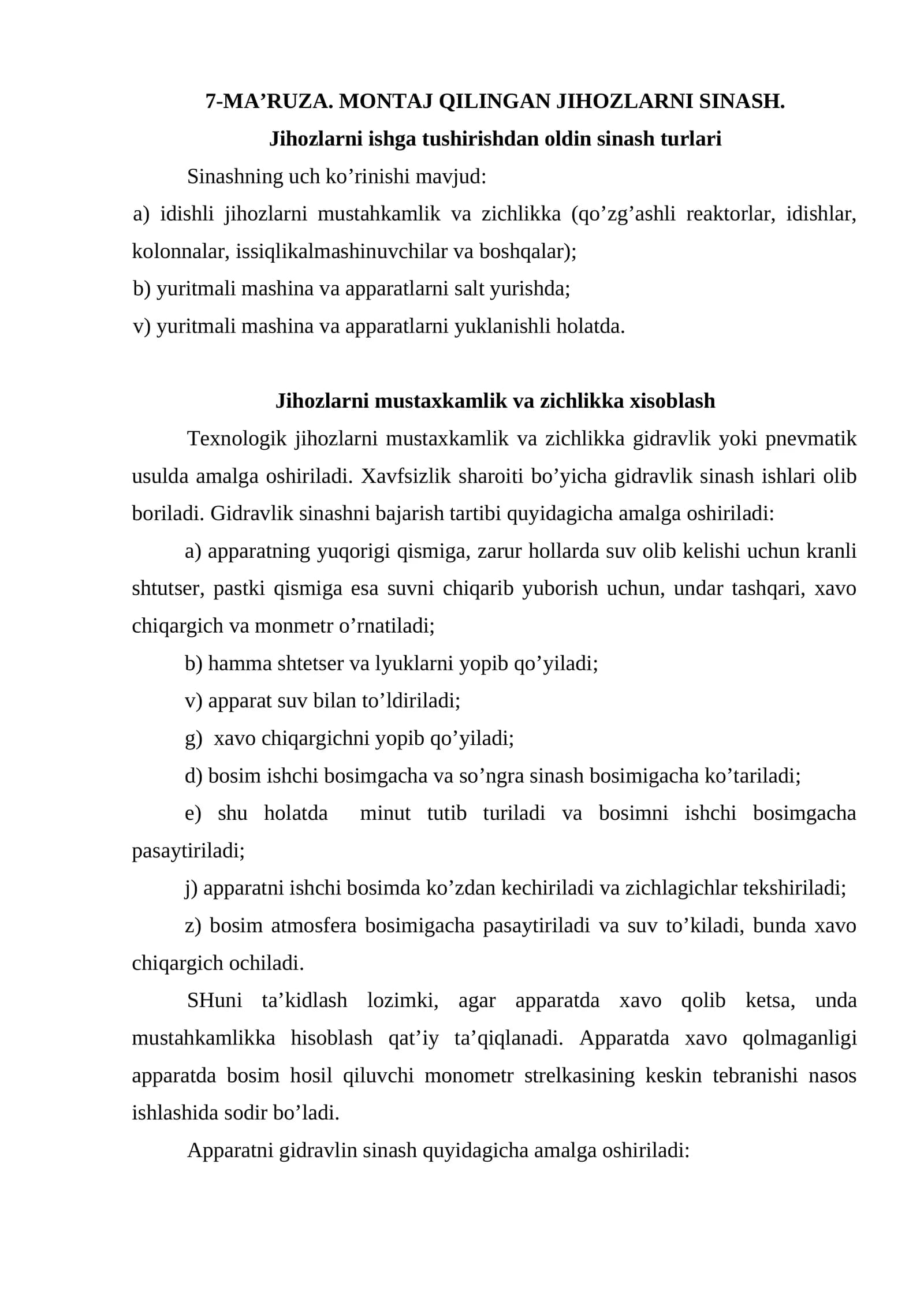 MОNTАJ QILINGАN JIHОZLАRNI SINАSH.