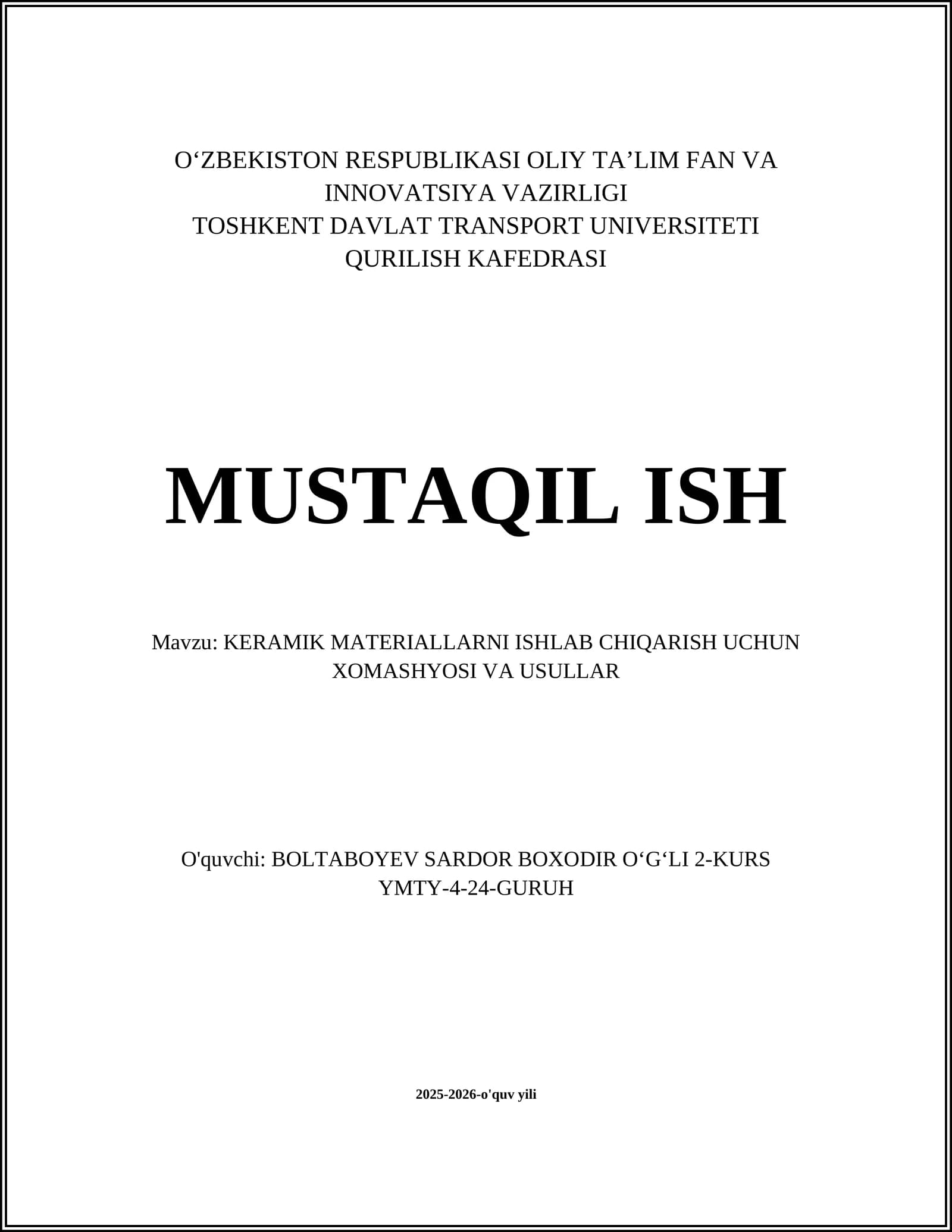 KERAMIK MATERIALLARNI ISHLAB CHIQARISH UCHUN XOMASHYOSI VA USULLAR