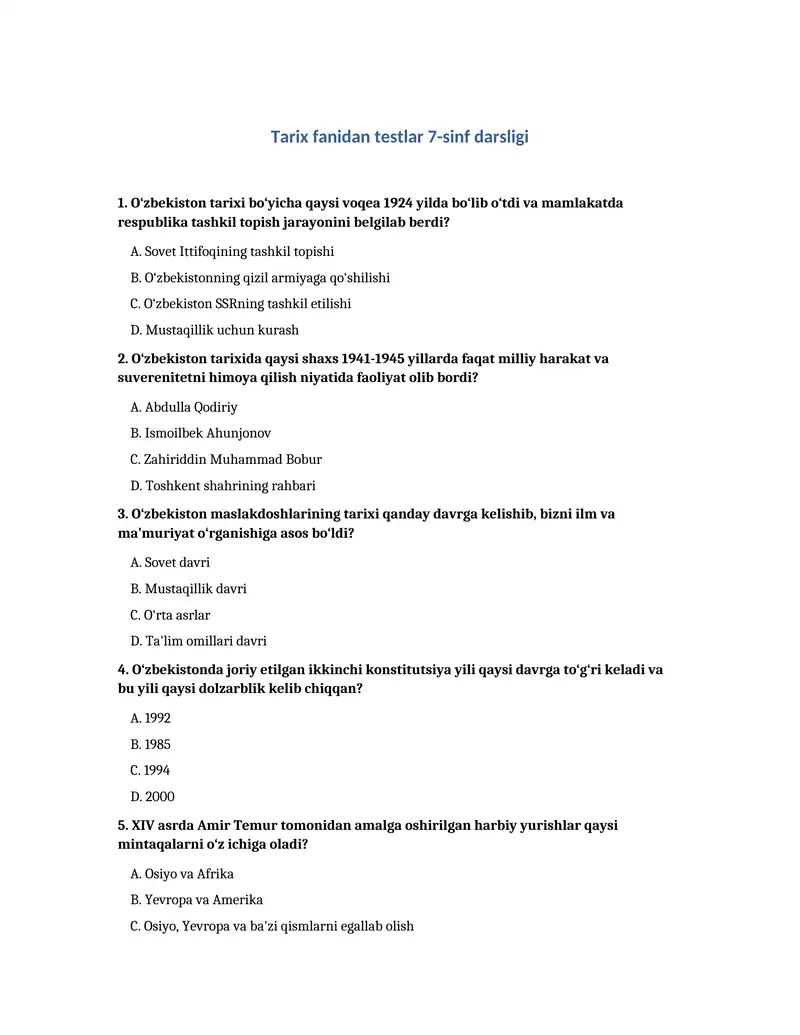 Tarix fanidan testlar 7-sinf darsligi