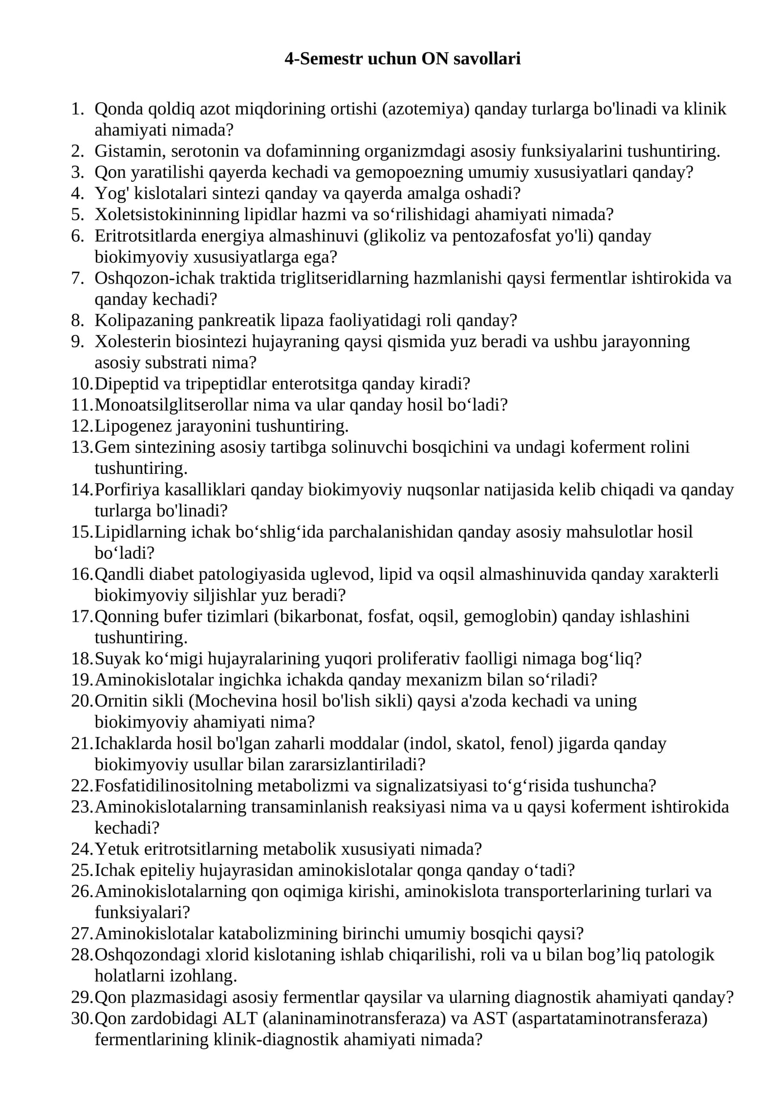 4-Semestr uchun ON savollari
