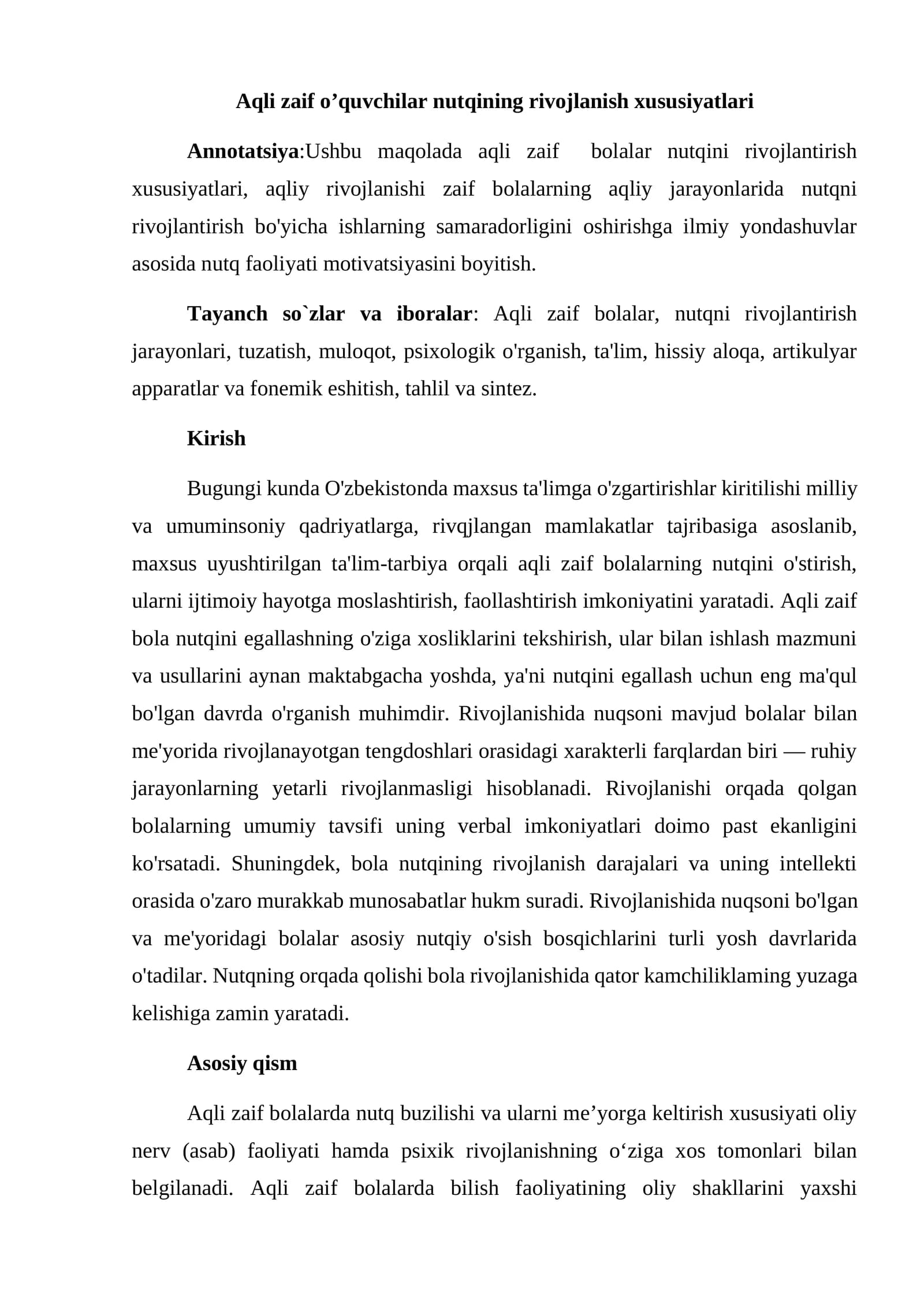 Aqli zaif o’quvchilar nutqining rivojlanish xususiyatlari