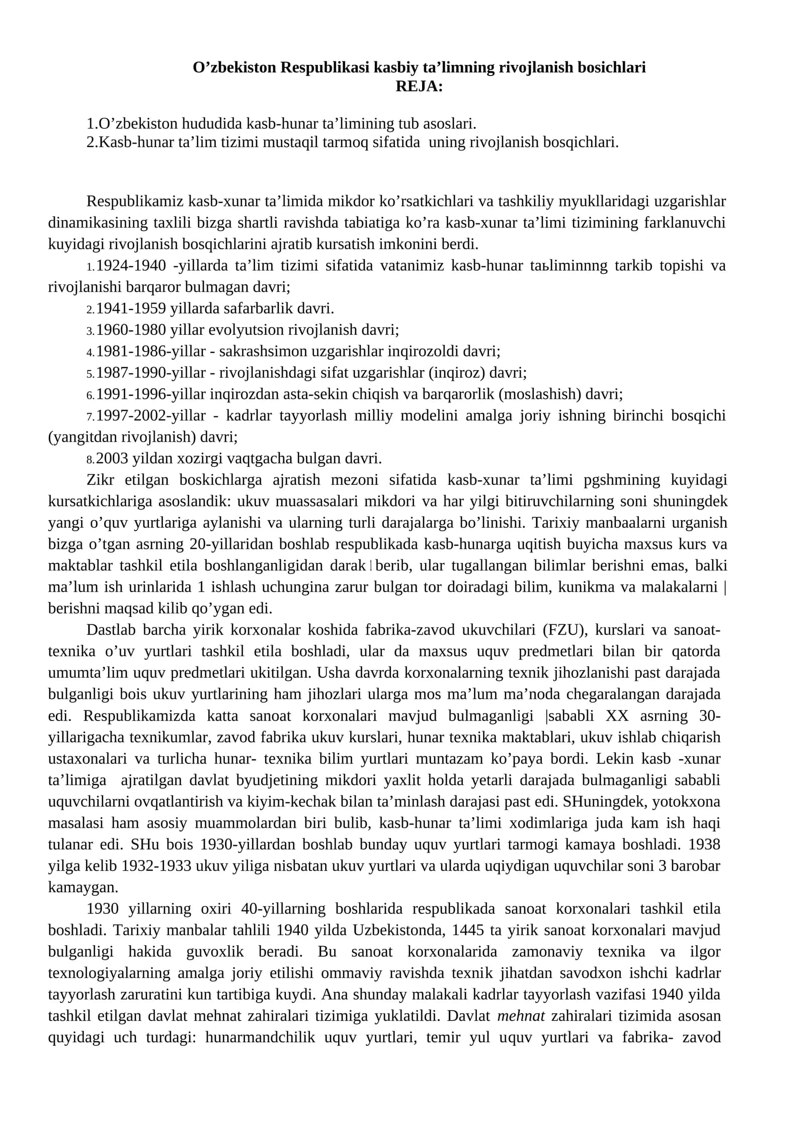 O’zbekiston Respublikasi kasbiy ta’limning rivojlanish bosichlari