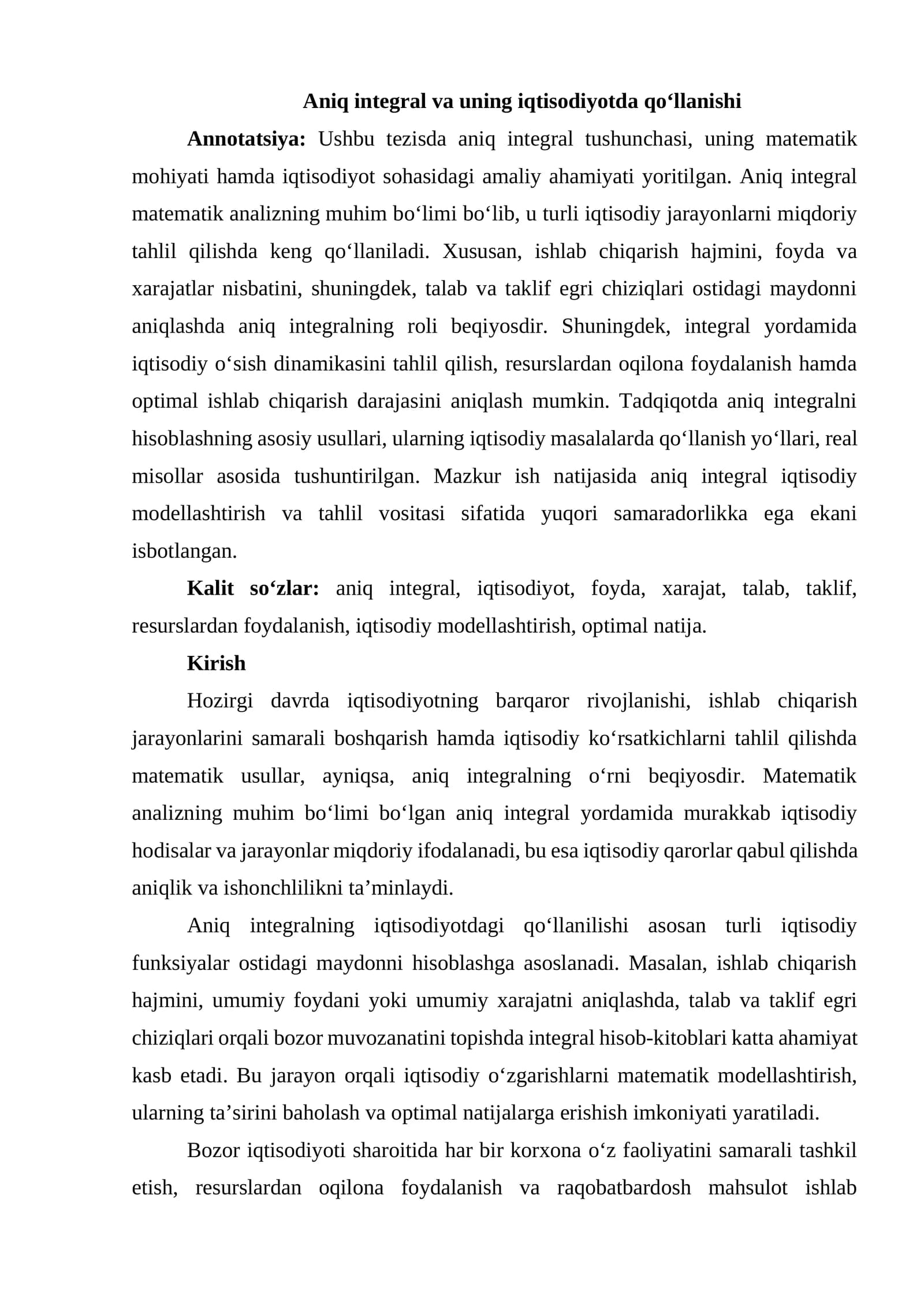 Aniq integral va uning iqtisodiyotda qo‘llanishi