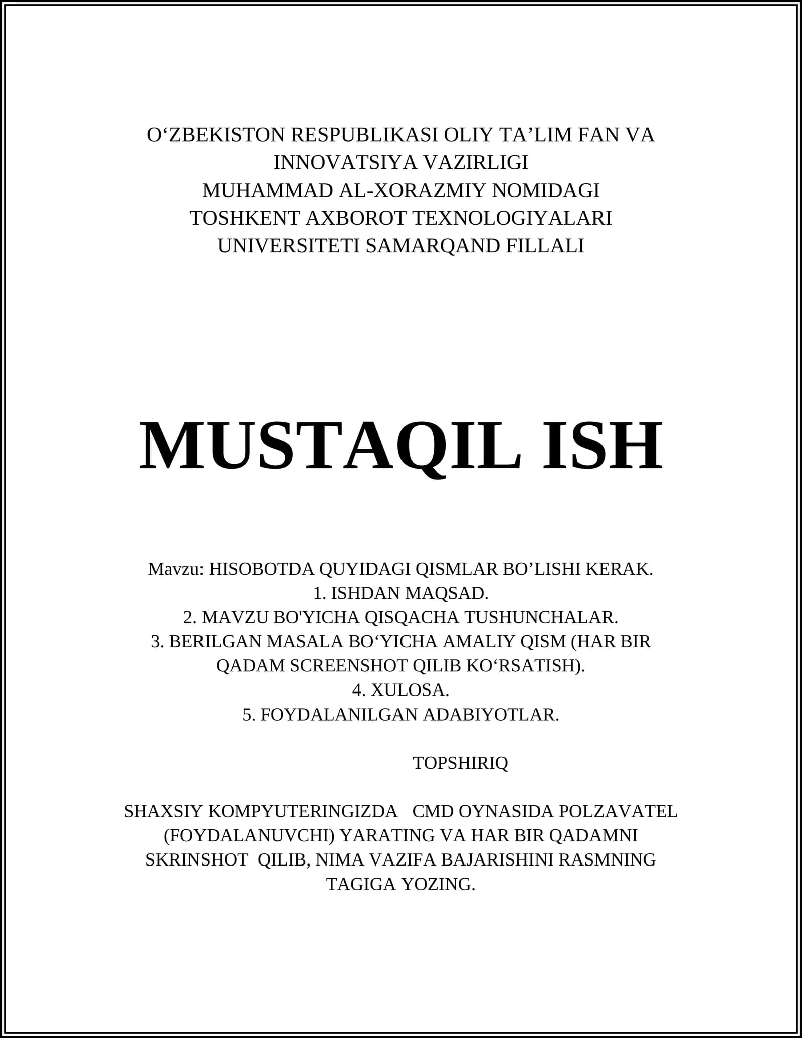 O'ZBEKISTON RESPUBLIKASI OLIY TA’LIM FAN VA INNOVATSIYA VAZIRLIGI