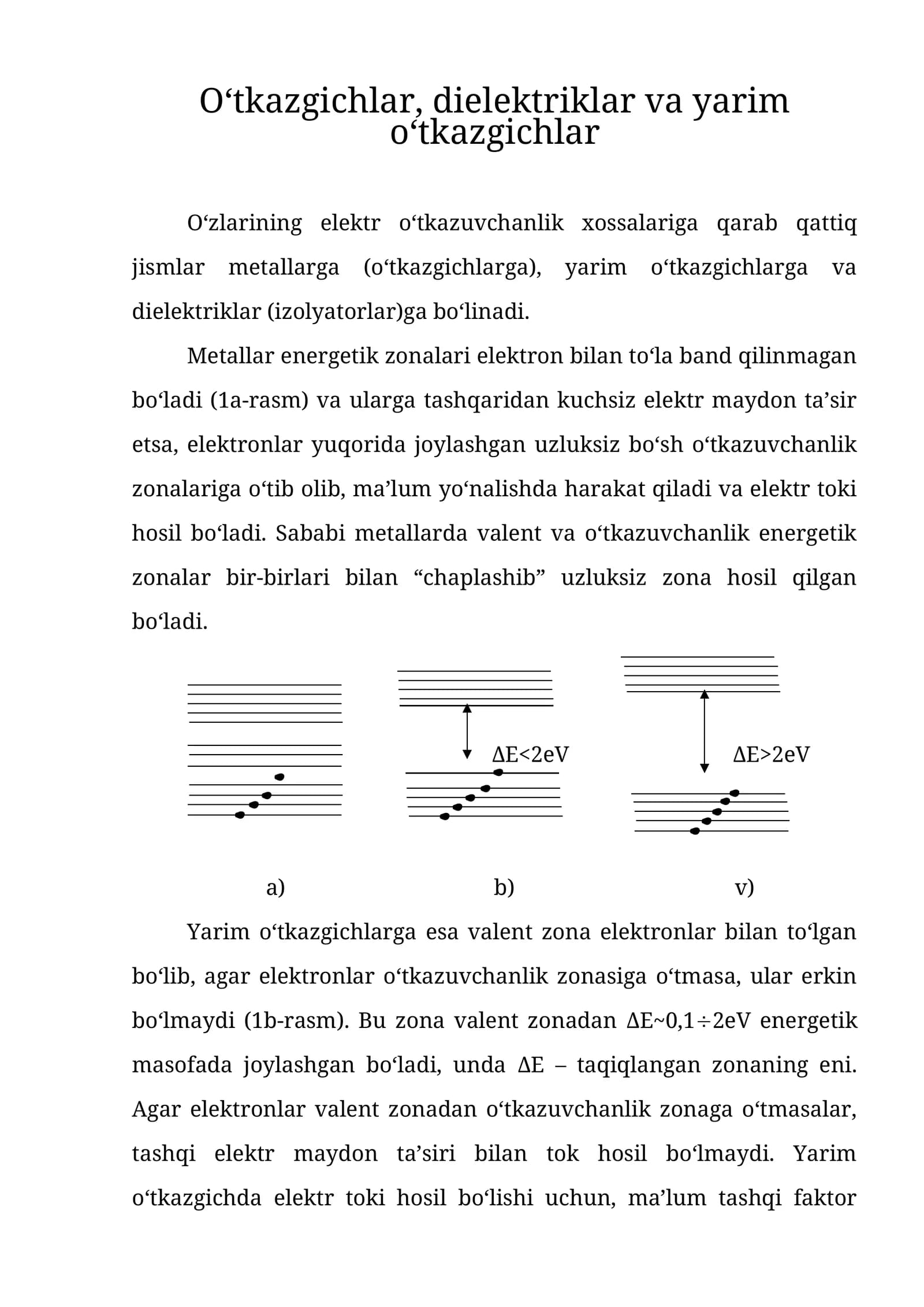 O‘tkazgichlar, dielektriklar va yarim o‘tkazgichlar