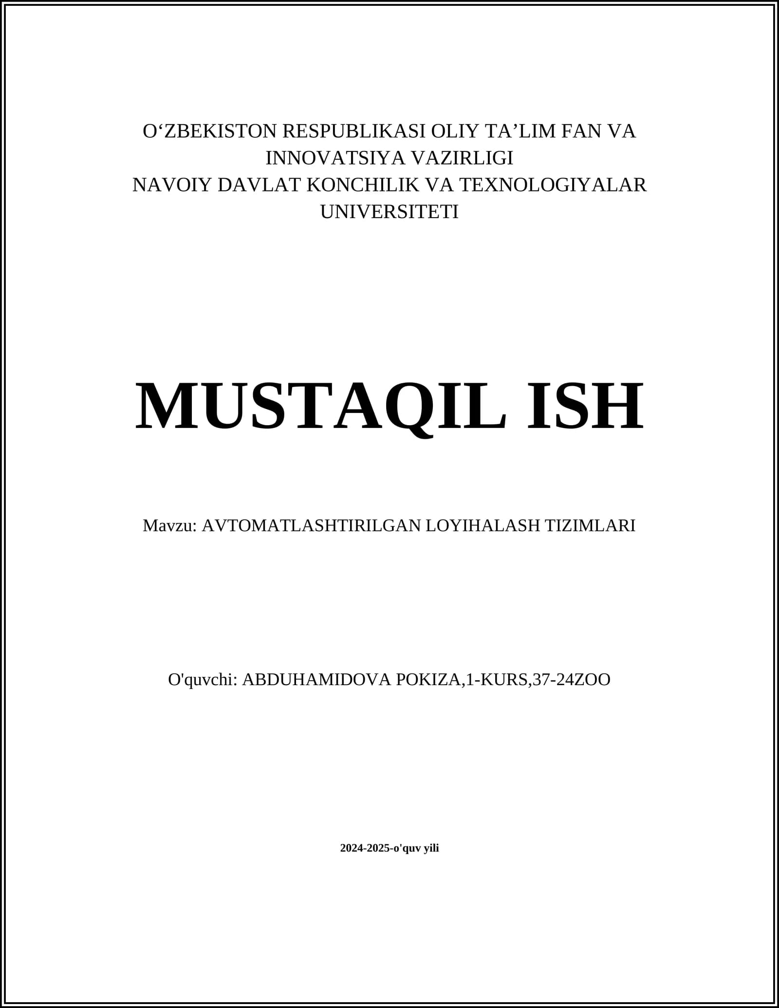 AVTOMATLASHTIRILGAN LOYIHALASH TIZIMLARI