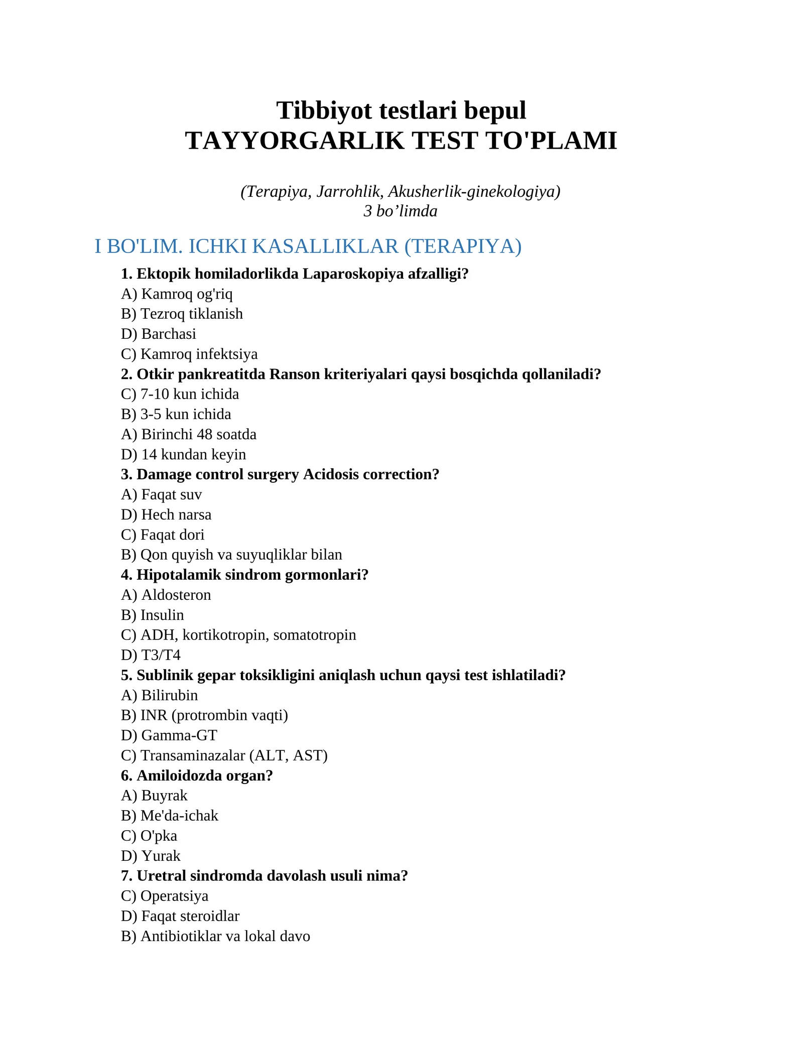 Tibbiyot testlari bepul