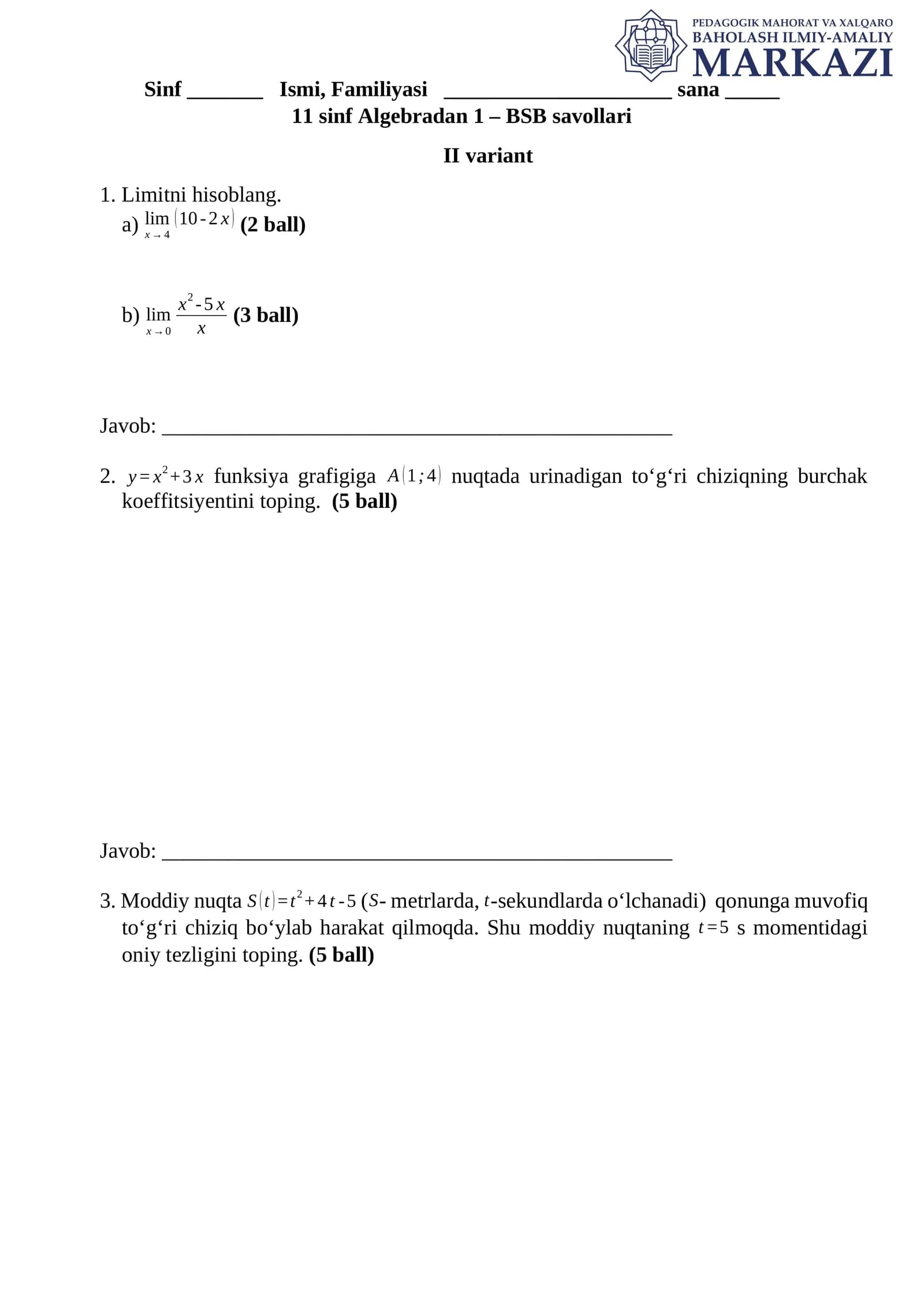 11 sinf Algebradan 1 – BSB savollari