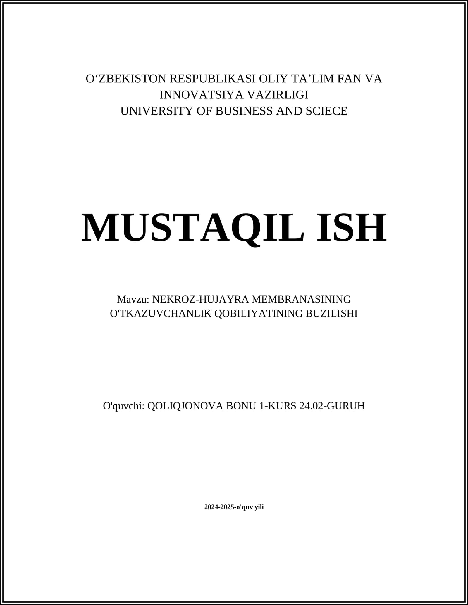 NEKROZ-HUJAYRA MEMBRANASINING O'TKAZUVCHANLIK QOBILIYATINING BUZILISHI