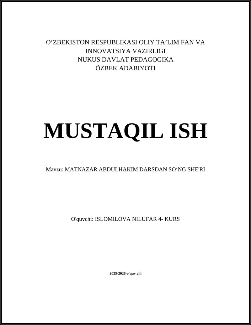 MATNAZAR ABDULHAKIM DARSDAN SO‘NG SHE'RI