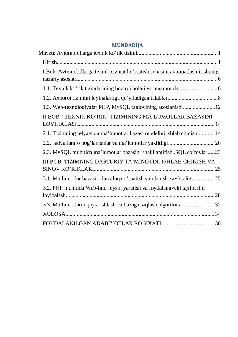 Avtomobillarga texnik ko’rik tizimi