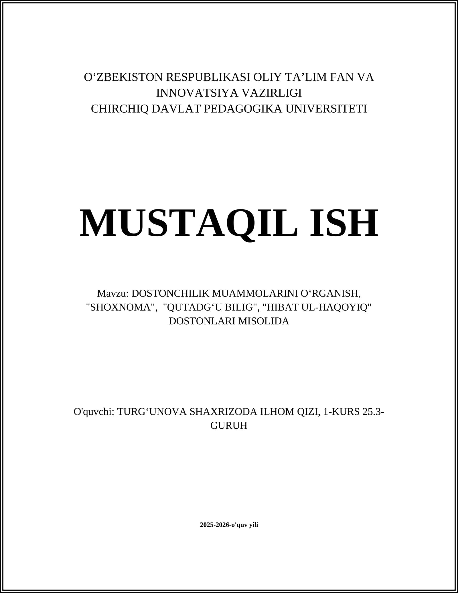 DOSTONCHILIK MUAMMOLARINI OʻRGANISH