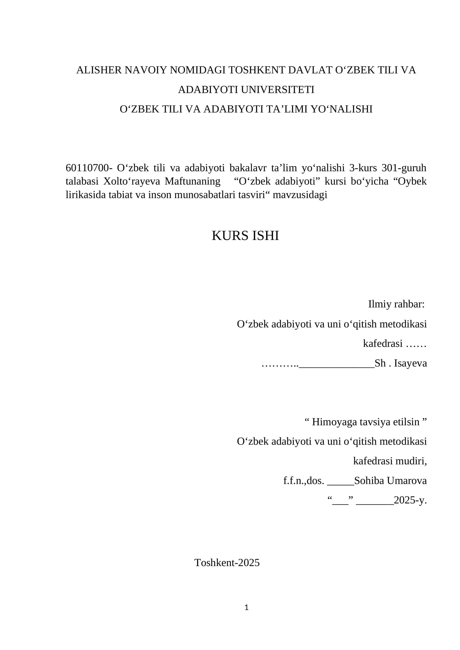 Oybek lirikasida tabiat va inson munosabatlari tasviri