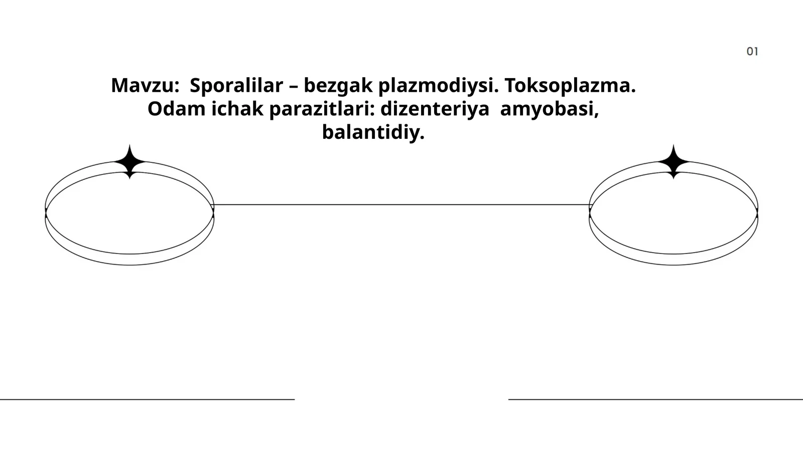 Sporalilar – bezgak plazmodiysi. Toksoplazma. Odam ichak parazitlari: dizenteriya amyobasi, balantidiy