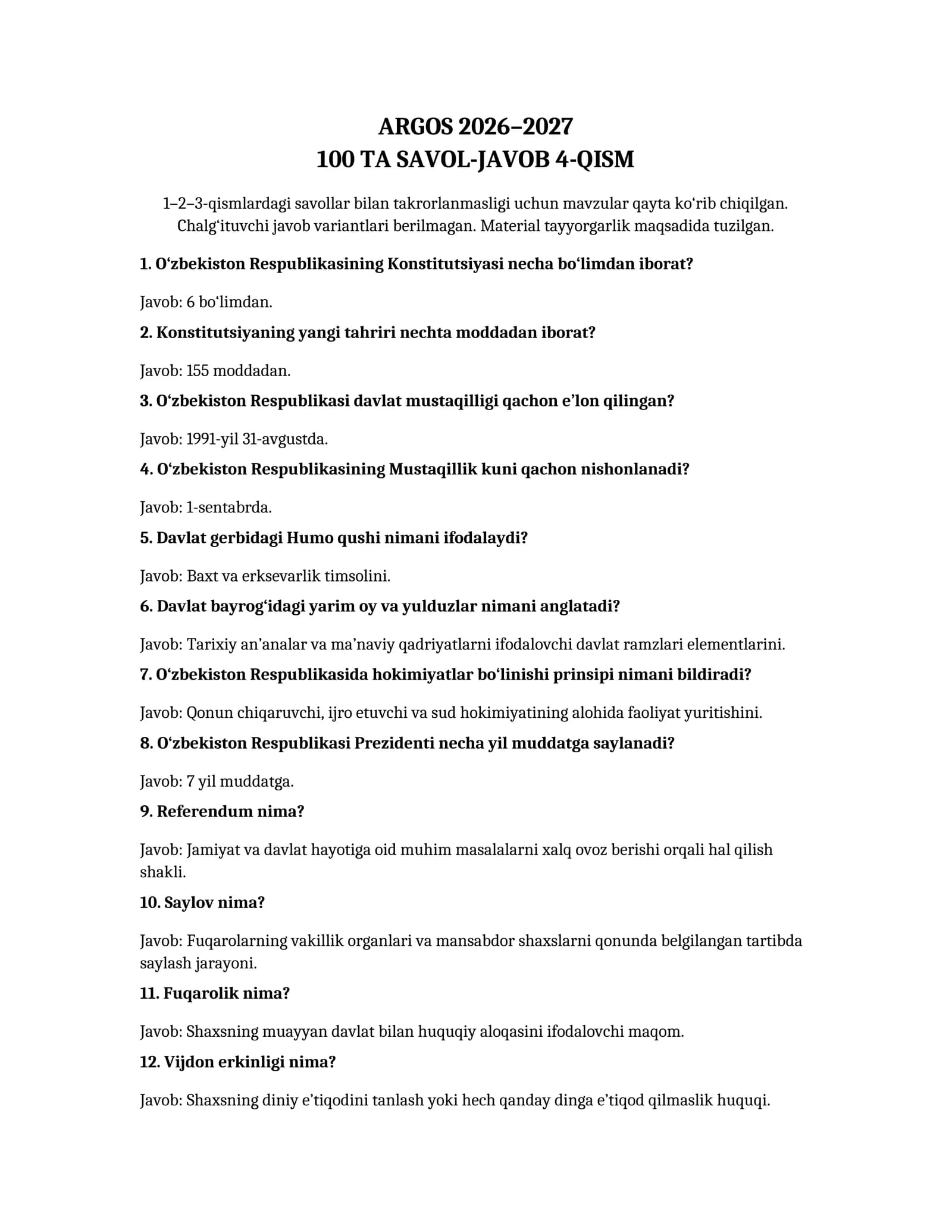 ARGOS 2026–2027 100 TA SAVOL-JAVOB 4-QISM