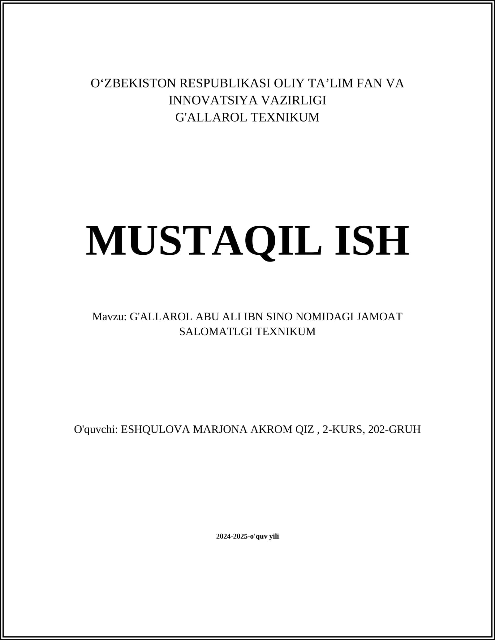 G'ALLAROL ABU ALI IBN SINO NOMIDAGI JAMOAT SALOMATLGI TEXNIKUM