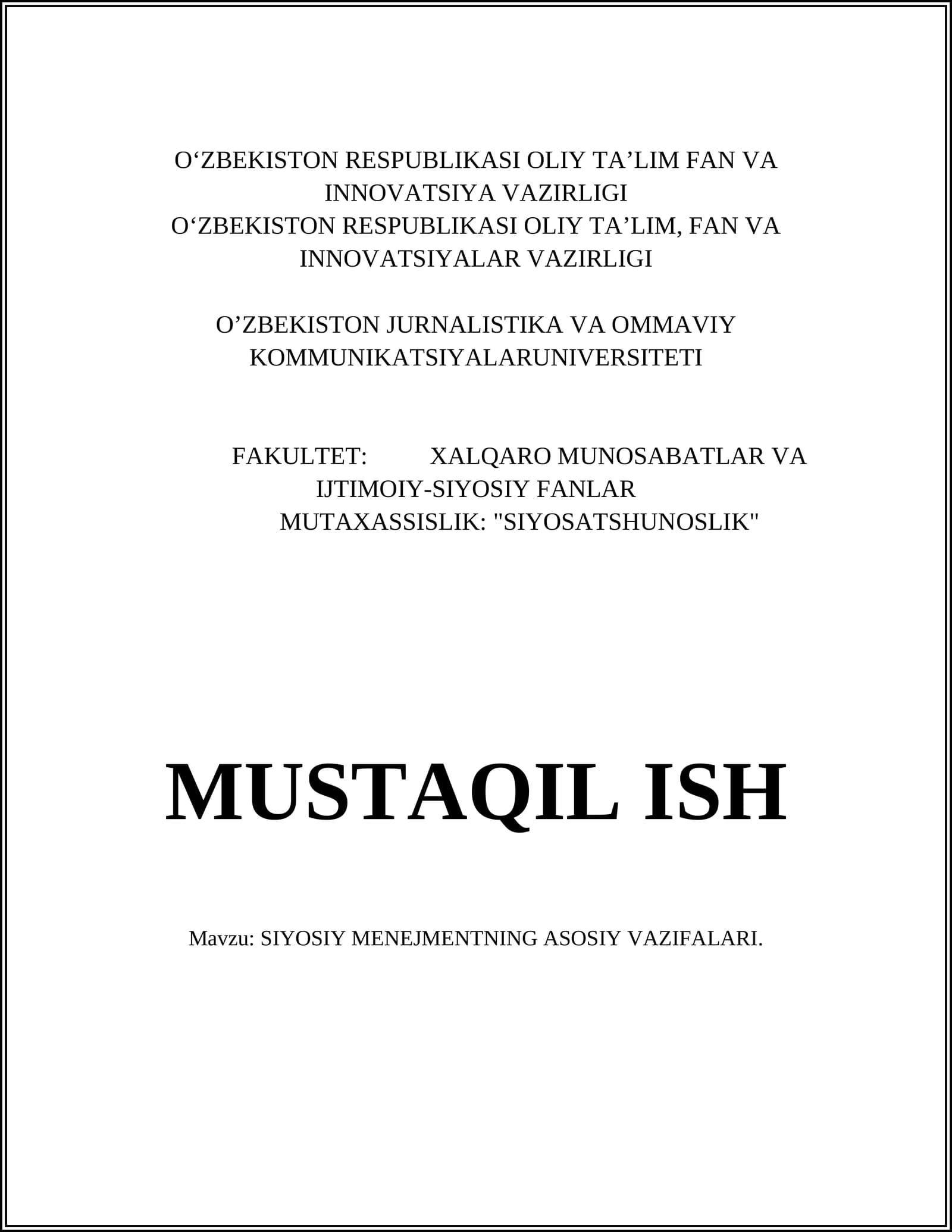 SIYOSIY MENEJMENTNING ASOSIY VAZIFALARI