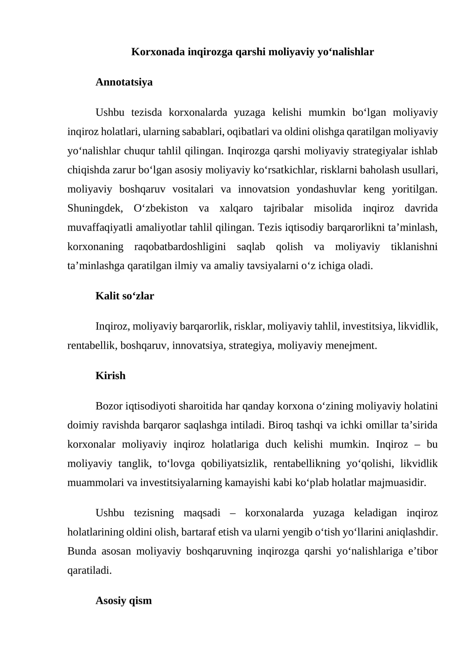 Korxonada inqirozga qarshi moliyaviy yo‘nalishlar