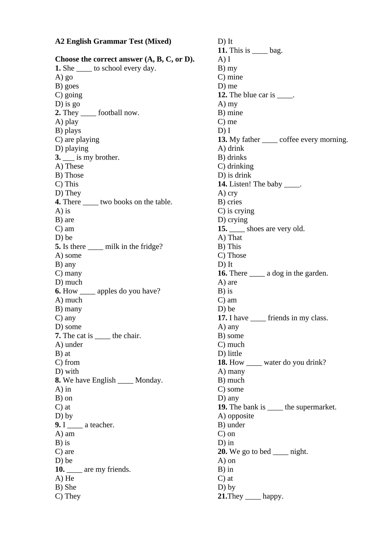 English grammar test a2