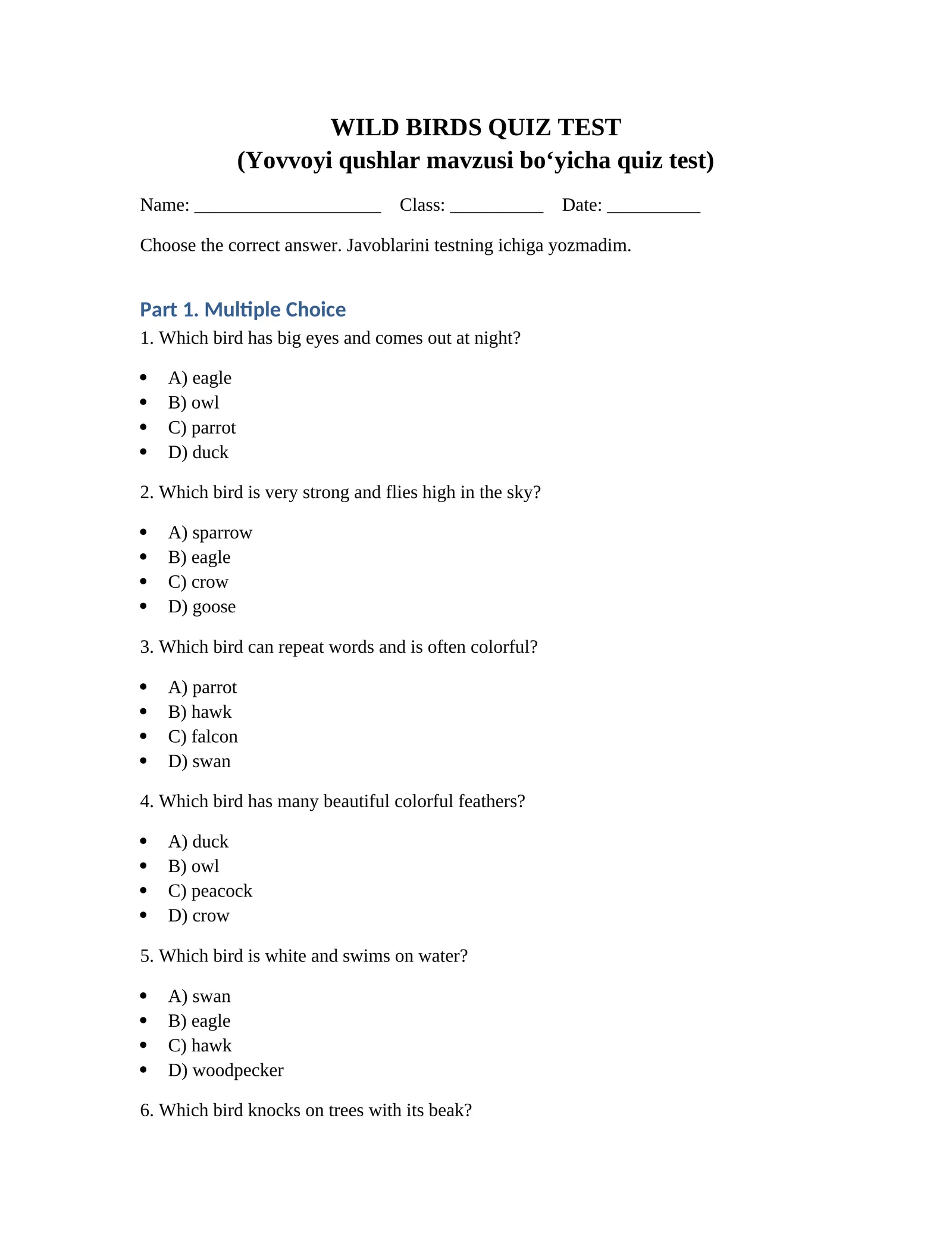 WILD BIRDS QUIZ TEST