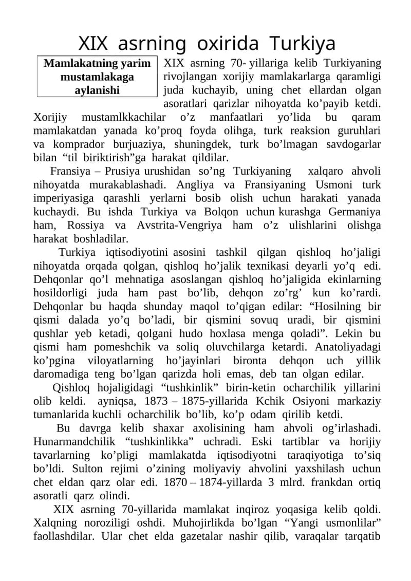 XIX  asrning  oxirida  Turkiya