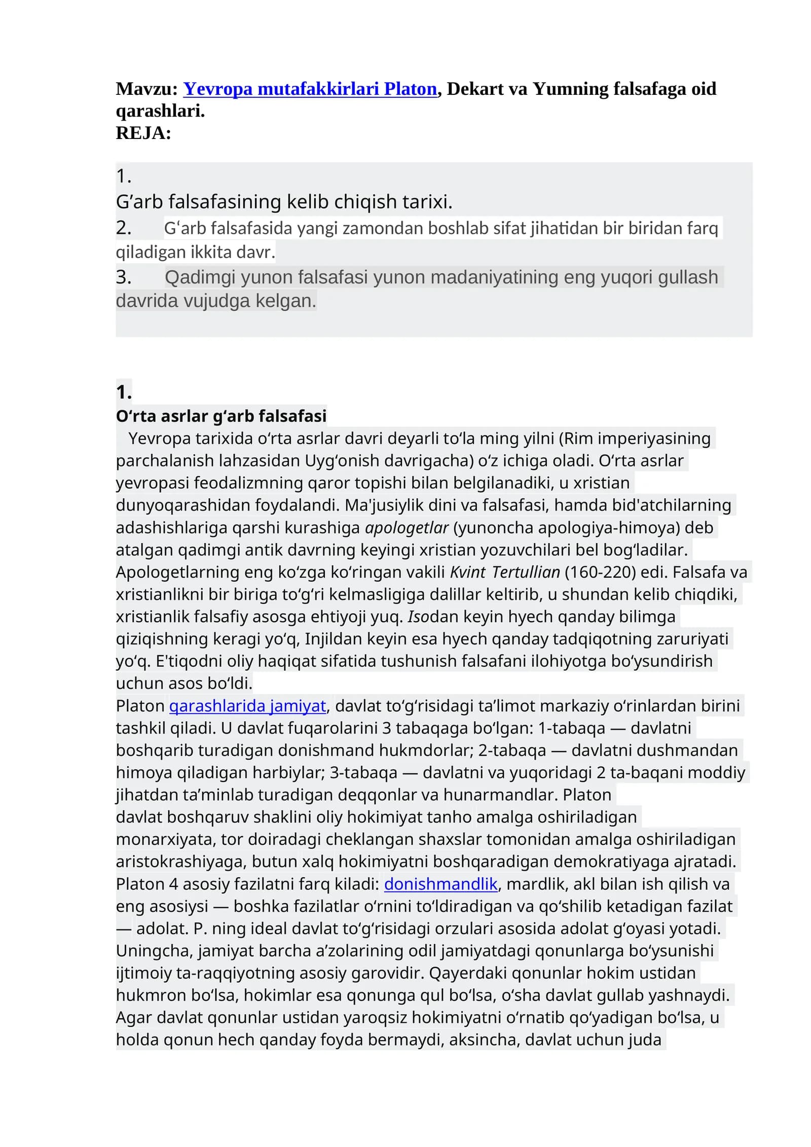 Yevropa mutafakkirlari Platon, Dekart va Yumning falsafaga oid qarashlari