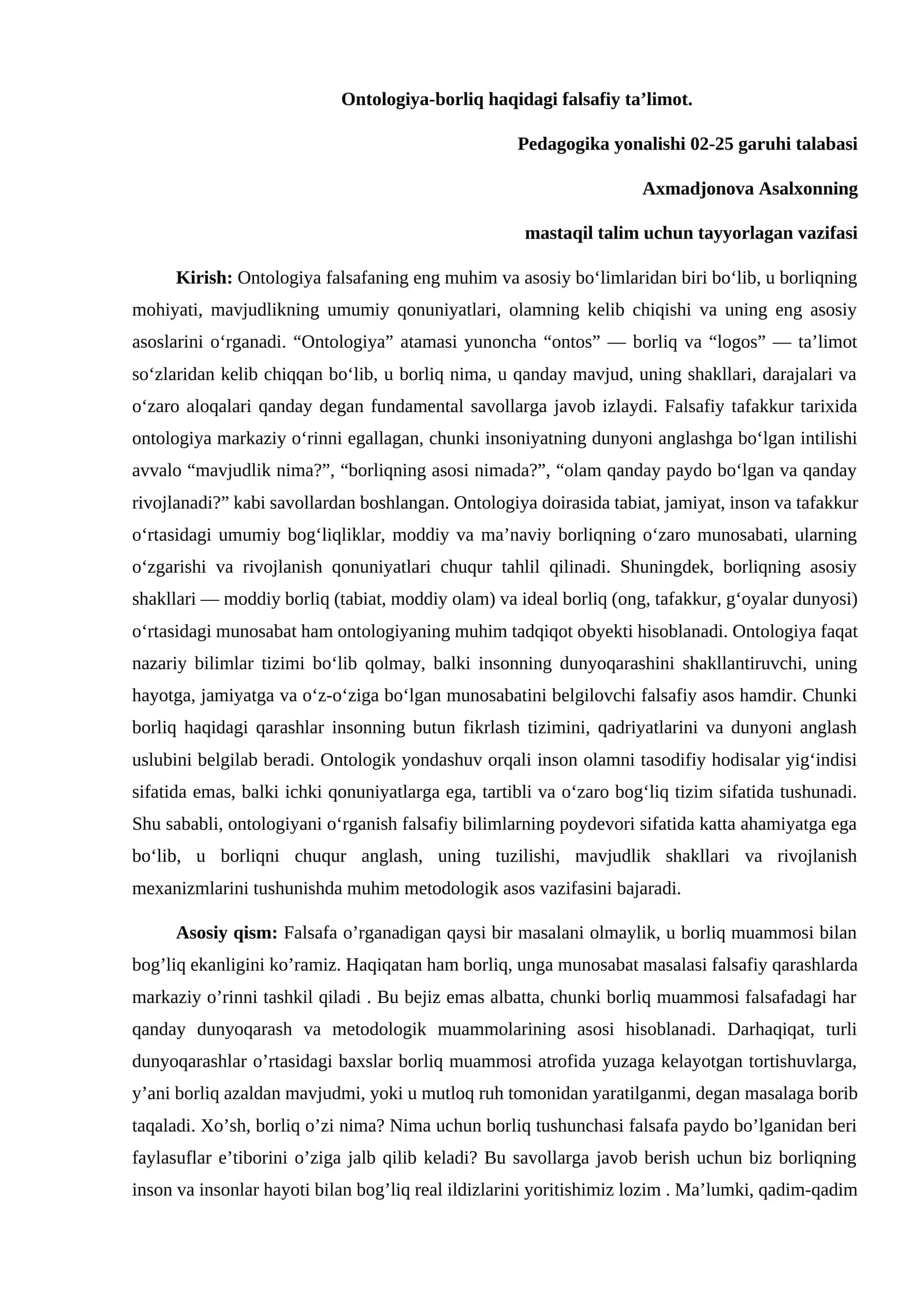 Ontologiya-borliq haqidagi falsafiy ta’limot