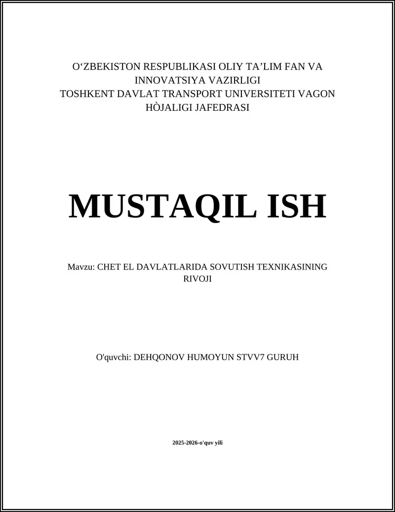 CHET EL DAVLATLARIDA SOVUTISH TEXNIKASINING RIVOJI