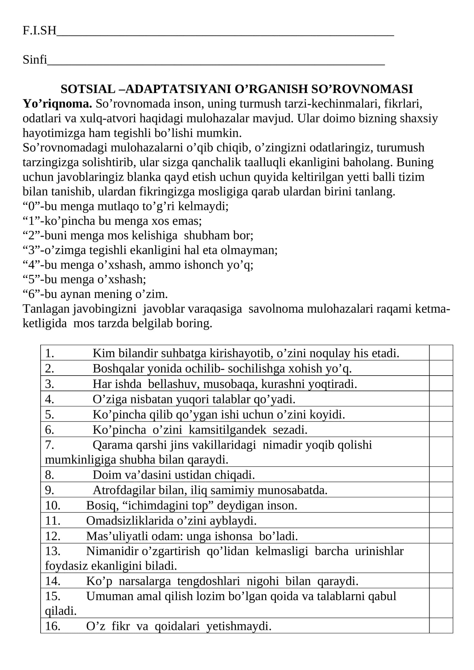 SOTSIAL –ADAPTATSIYANI O’RGANISH SO’ROVNOMASI