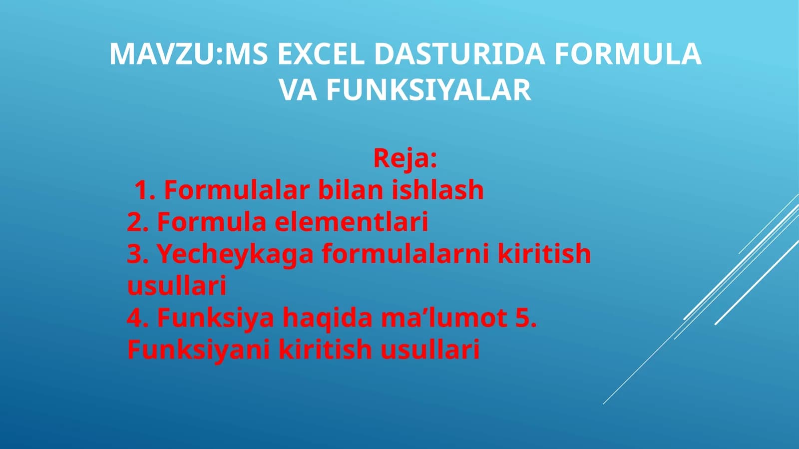 EXCEL dasturida funksiya va formulalar
