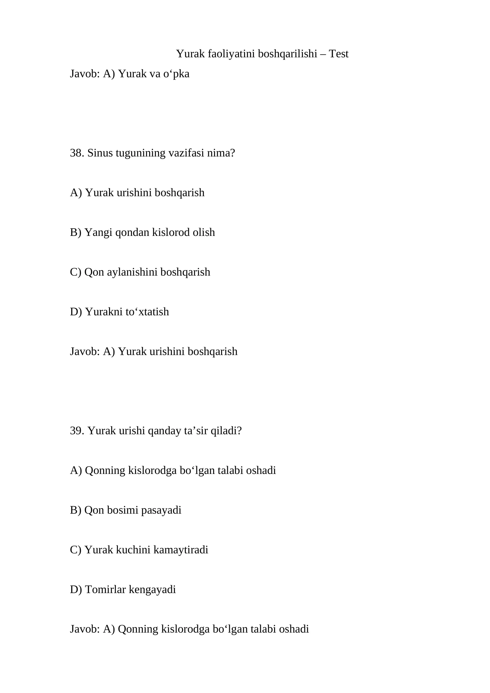 Yurak faoliyatini boshqarilishi – Test