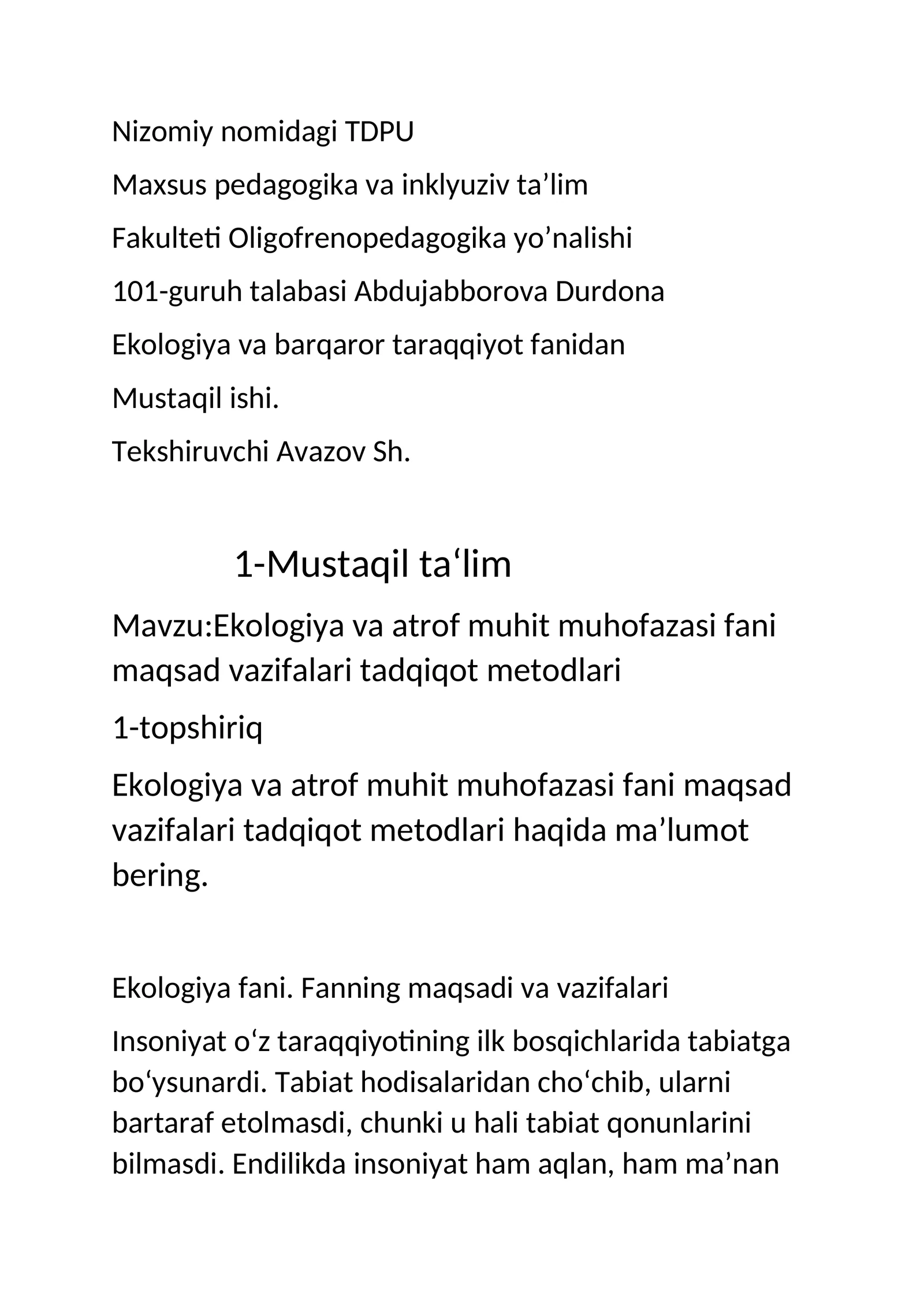 Ekologiya va atrof muhit muhofazasi fani