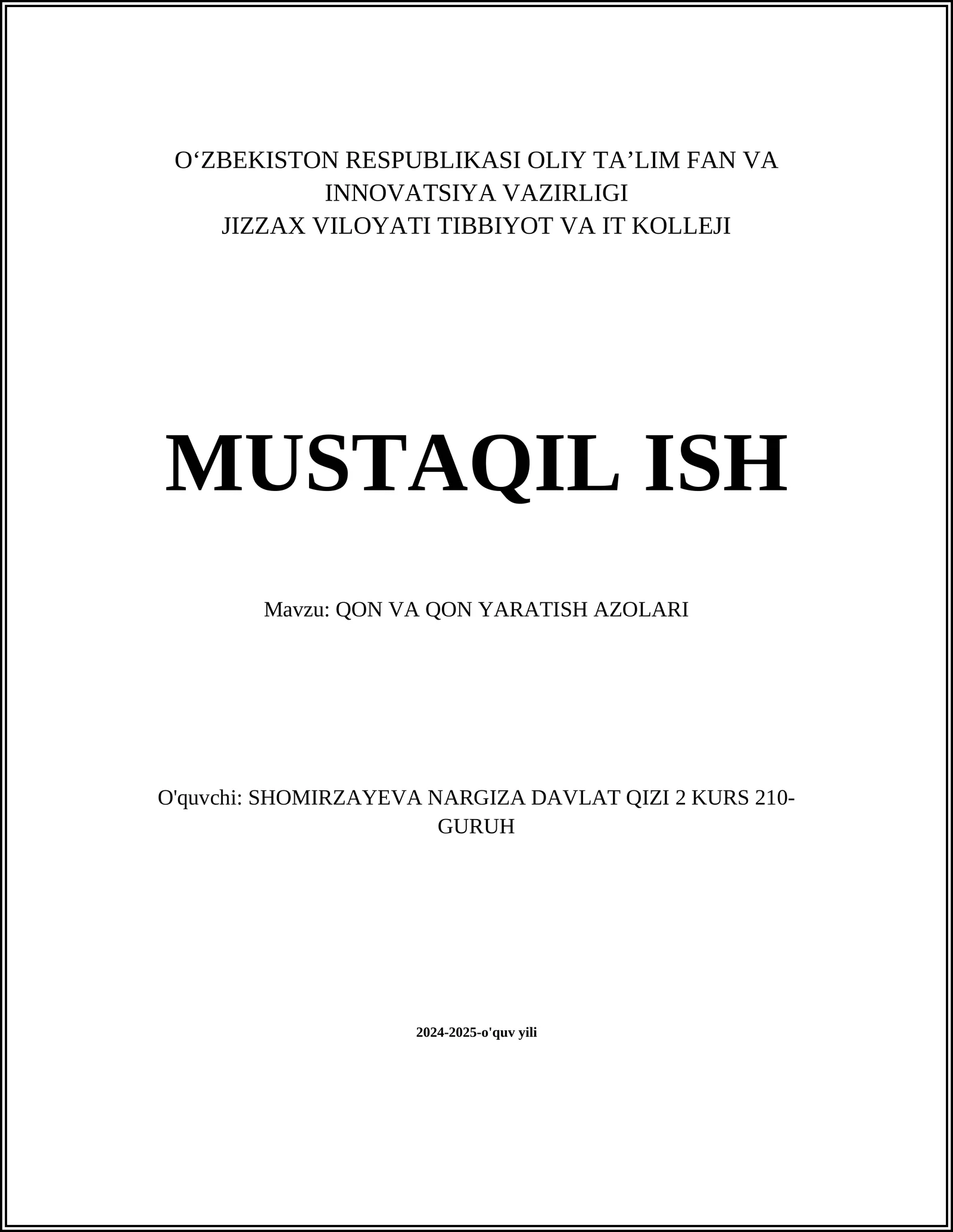 QON VA QON YARATISH AZOLARI