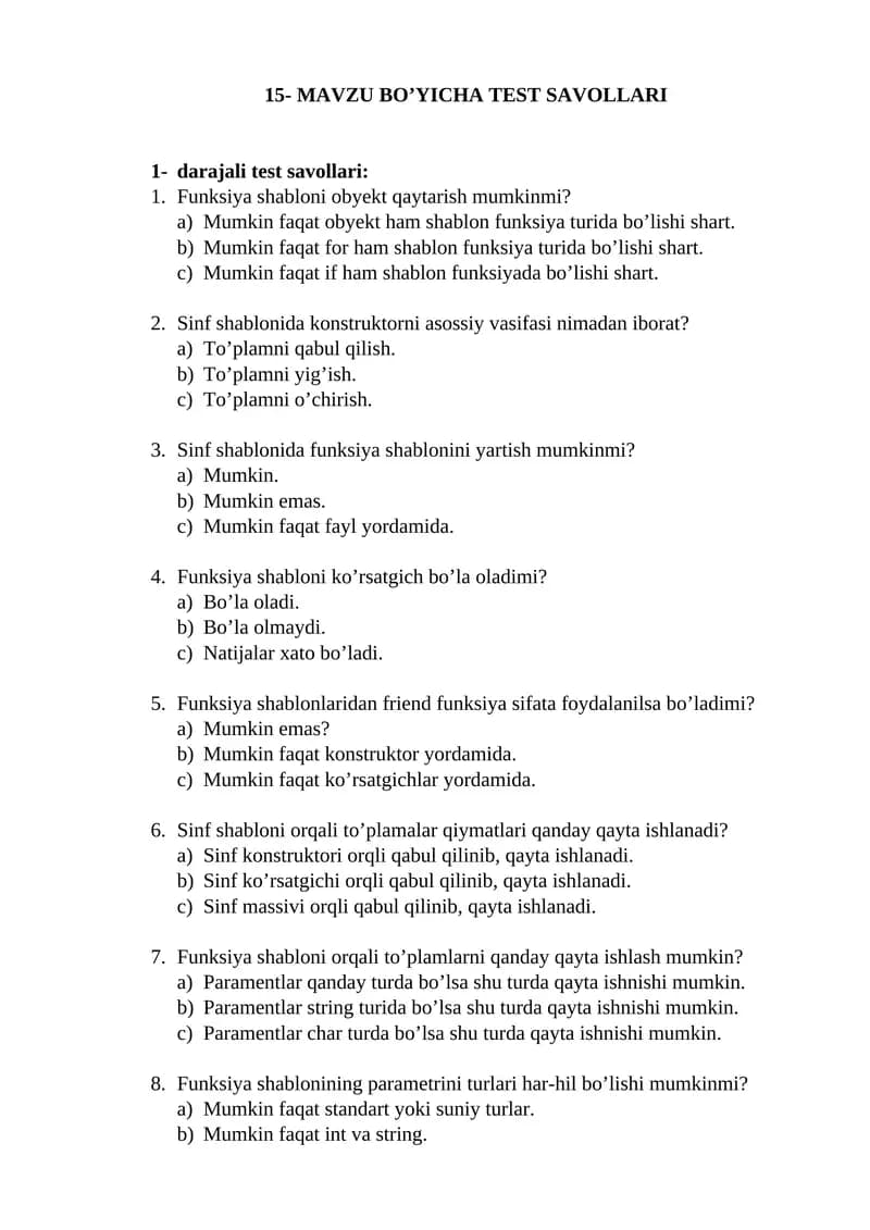 15-MAVZU BO’YICHA TEST SAVOLLARI