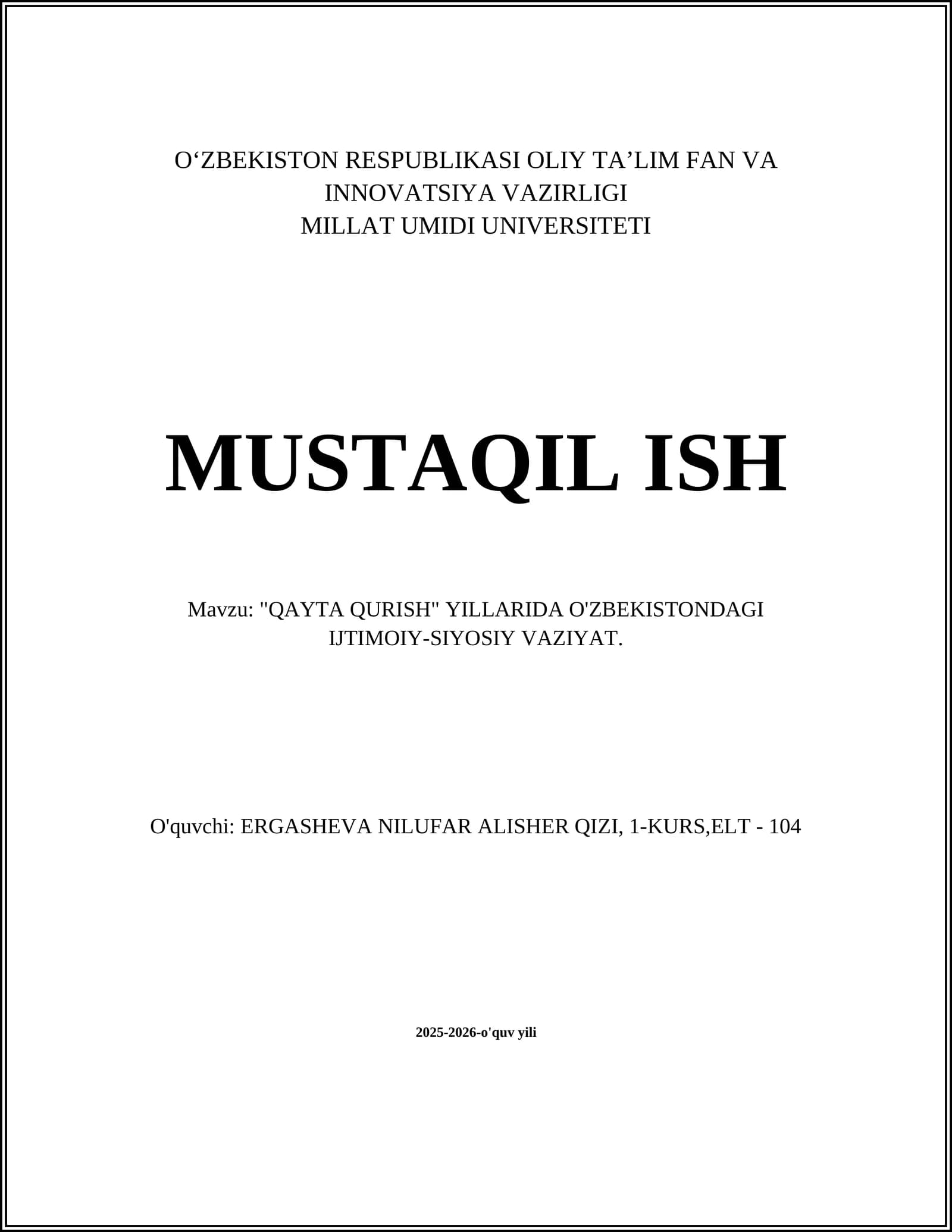 "QAYTA QURISH" YILLARIDA O'ZBEKISTONDAGI IJTIMOIY-SIYOSIY VAZIYAT