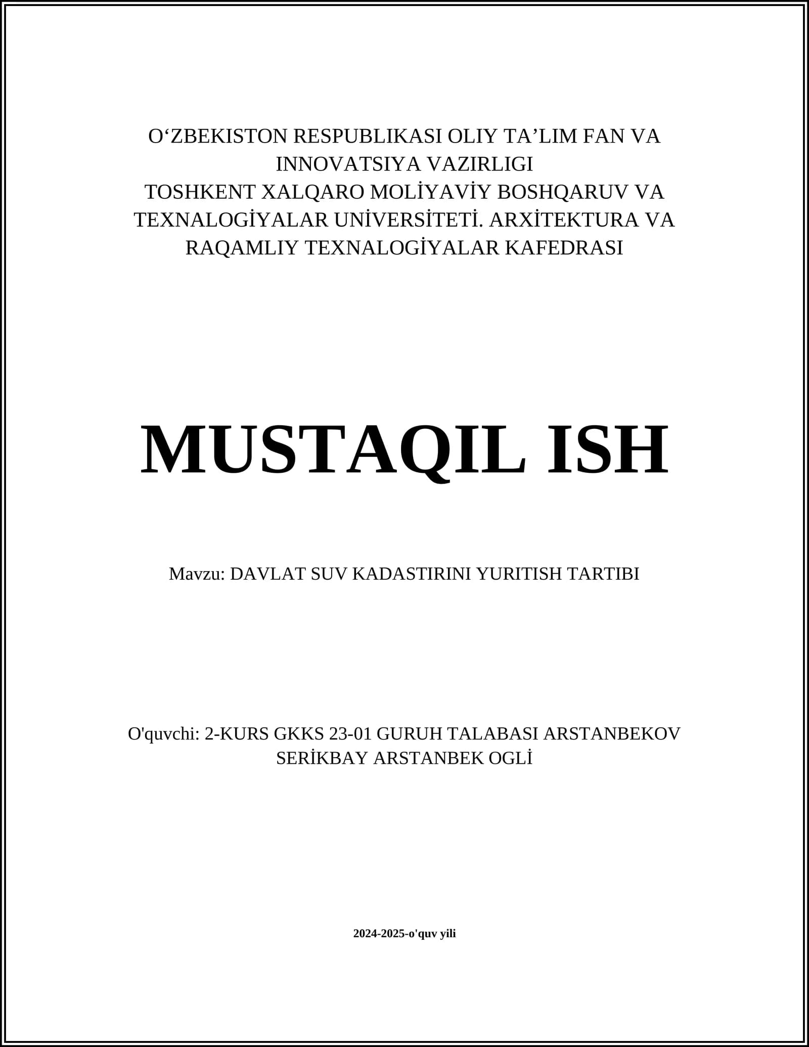 DAVLAT SUV KADASTIRINI YURITISH TARTIBI