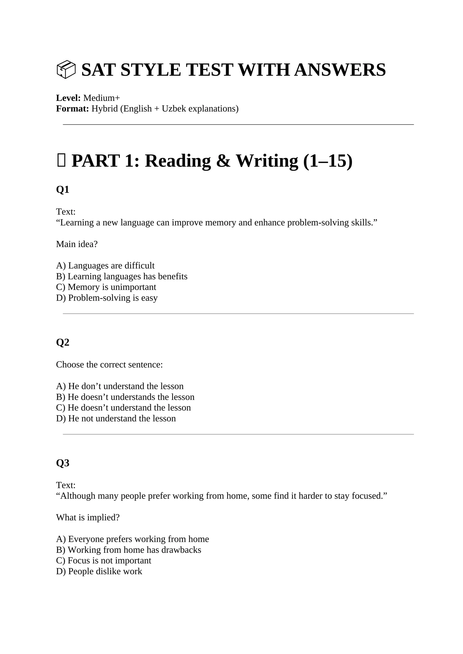 SAT STYLE TEST WITH ANSWERS