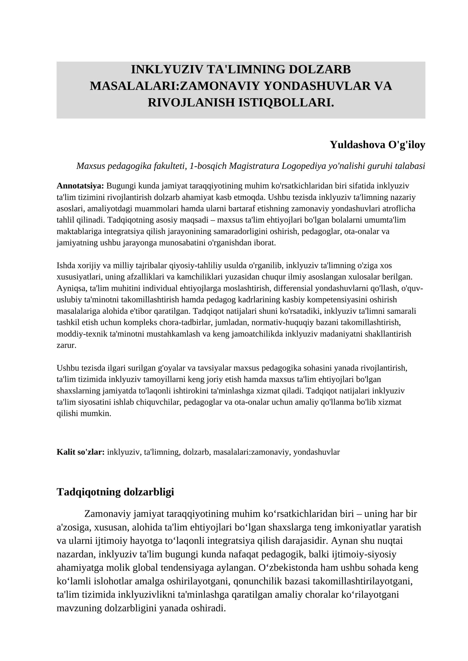 Inklyuziv ta'limning dolzarb masalalari:zamonaviy yondashuvlar va rivojlanish istiqbollari.