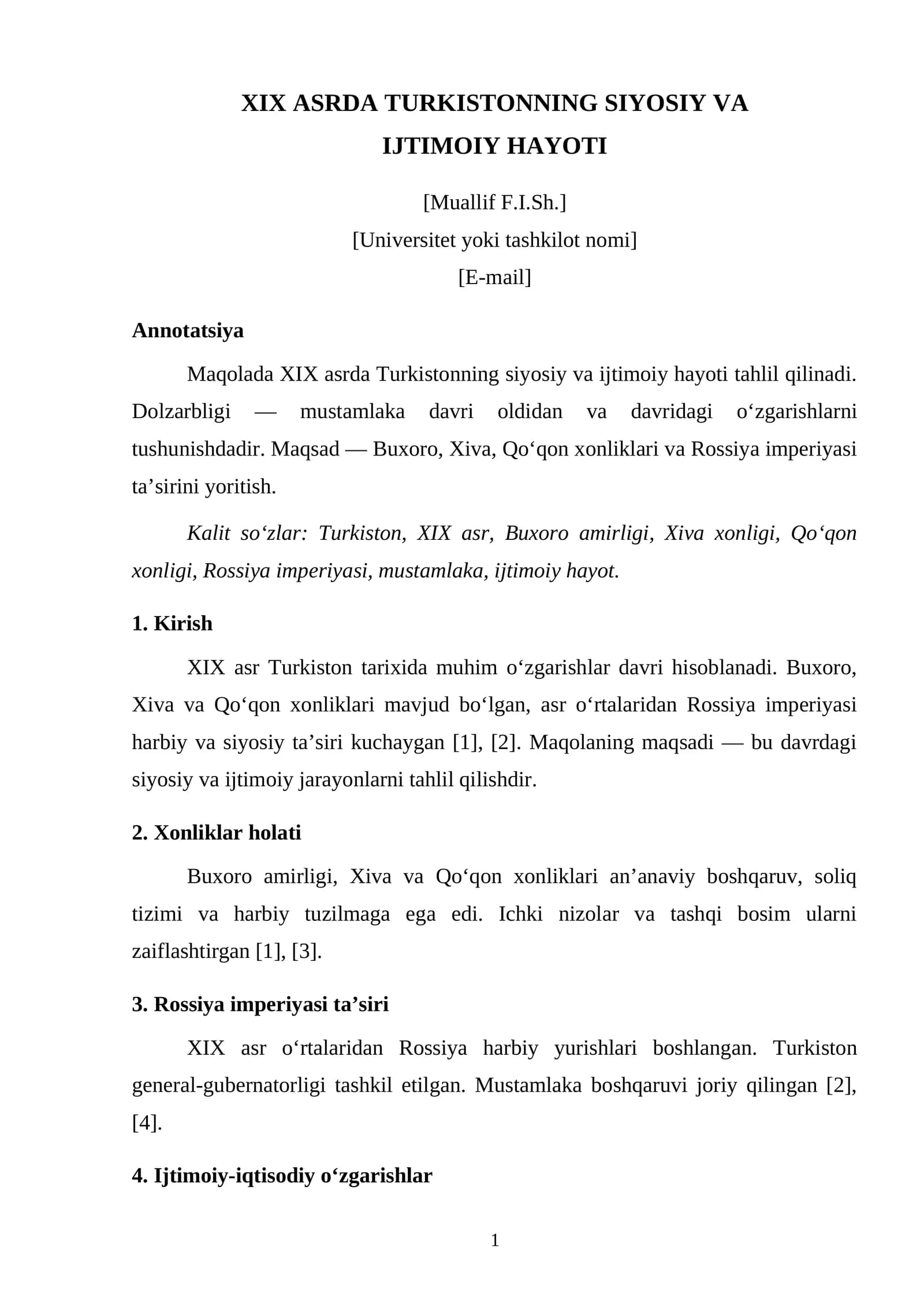 XIX ASRDA TURKISTONNING SIYOSIY VA IJTIMOIY HAYOTI