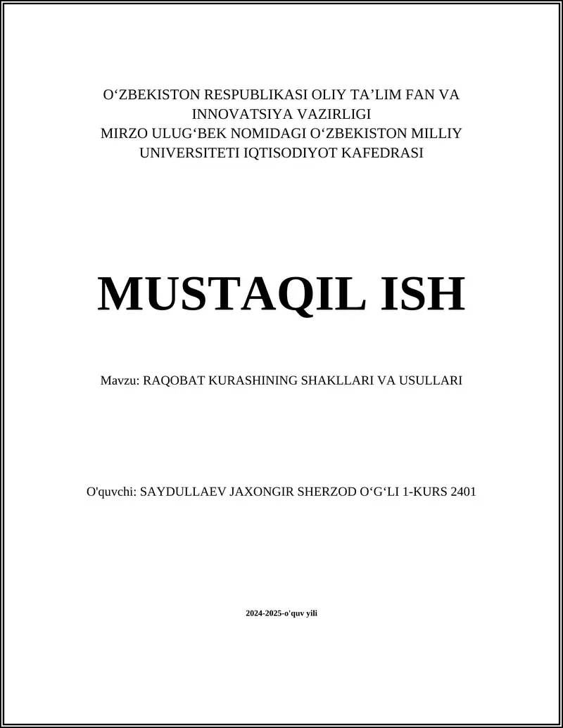 RAQOBAT KURASHINING SHAKLLARI VA USULLARI