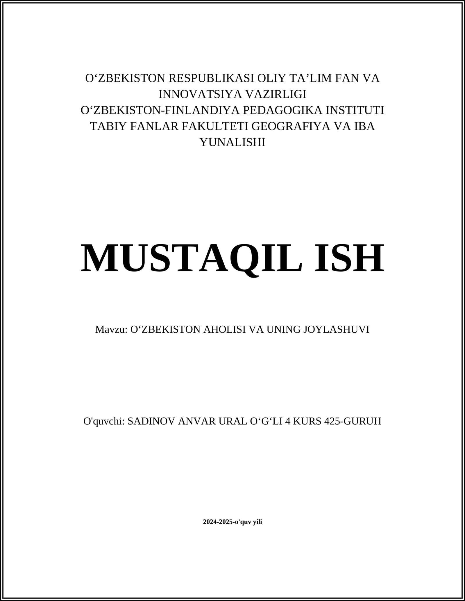 O‘ZBEKISTON AHOLISI VA UNING JOYLASHUVI