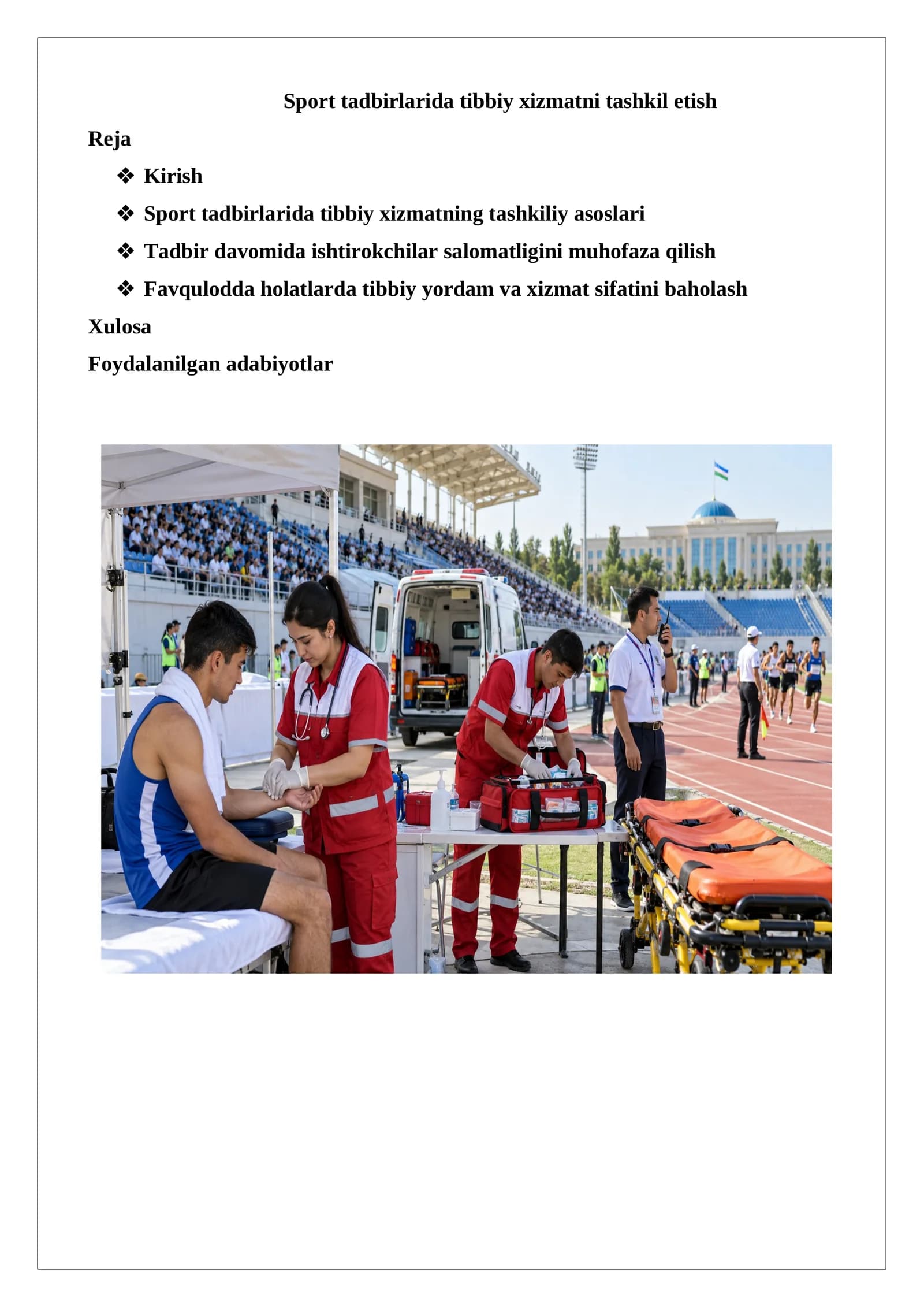 Sport tadbirlarida tibbiy xizmatni tashkil etish