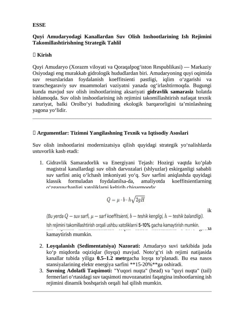 Quyi Amudaryodagi Kanallardan Suv Olish Inshootlarining Ish Rejimini Takomillashtirishning Strategik Tahlil
