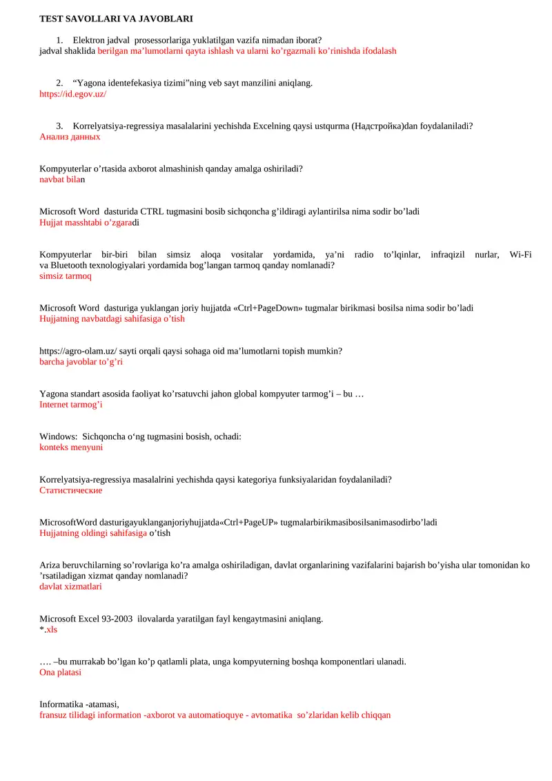 TEST SAVOLLARI VA JAVOBLARI
