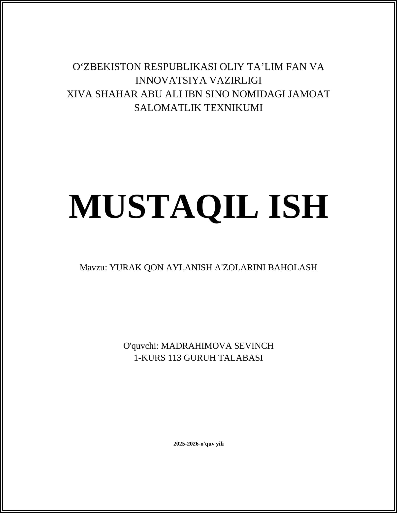 YURAK QON AYLANISH A'ZOLARINI BAHOLASH