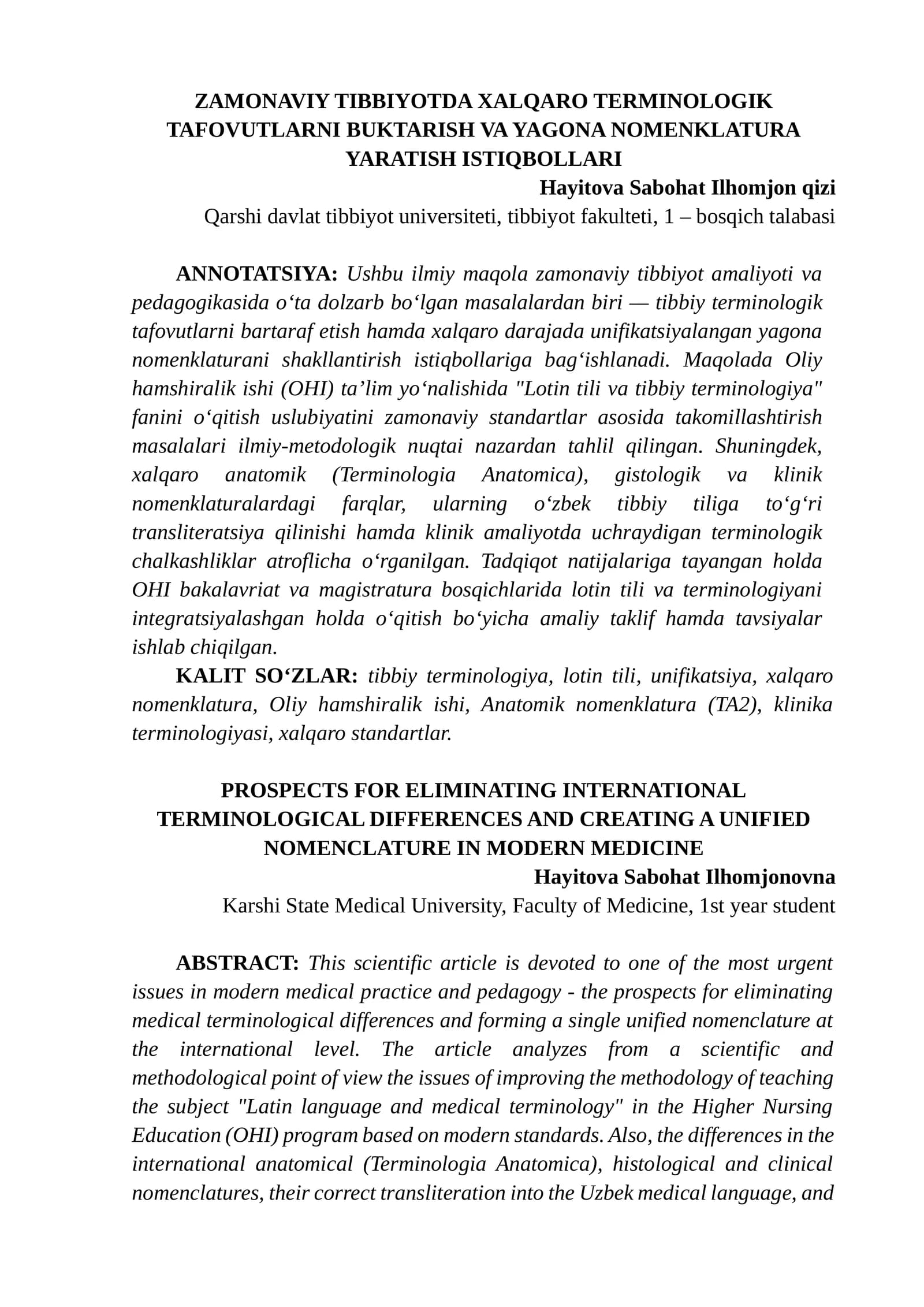 ZAMONAVIY TIBBIYOTDA XALQARO TERMINOLOGIK TAFOVUTLARNI BUKTARISH VA YAGONA NOMENKLATURA YARATISH ISTIQBOLLARI