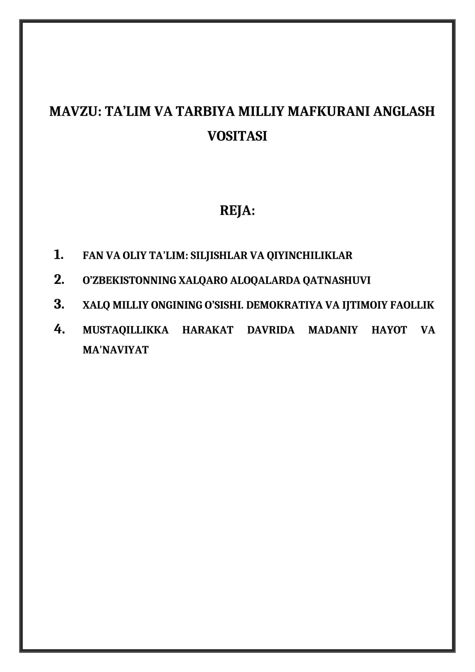 TA’LIM VA TARBIYA MILLIY MAFKURANI ANGLASH VOSITASI